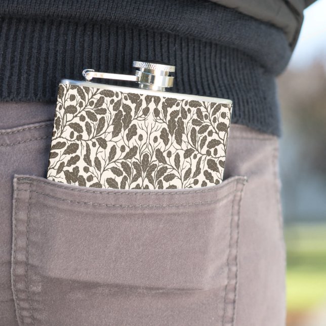 Oak branches and leaves, damask pattern in brown a flask (In Situ)