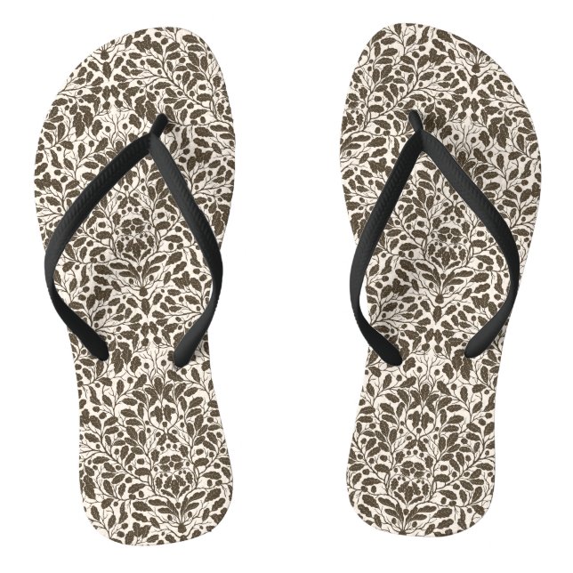 Oak branches and leaves, damask pattern in brown a flip flops (Footbed)