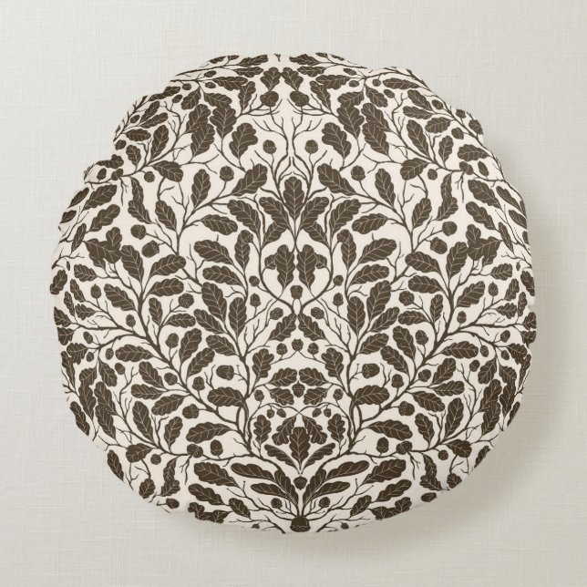 Oak branches and leaves, damask pattern in brown a round pillow (Front)