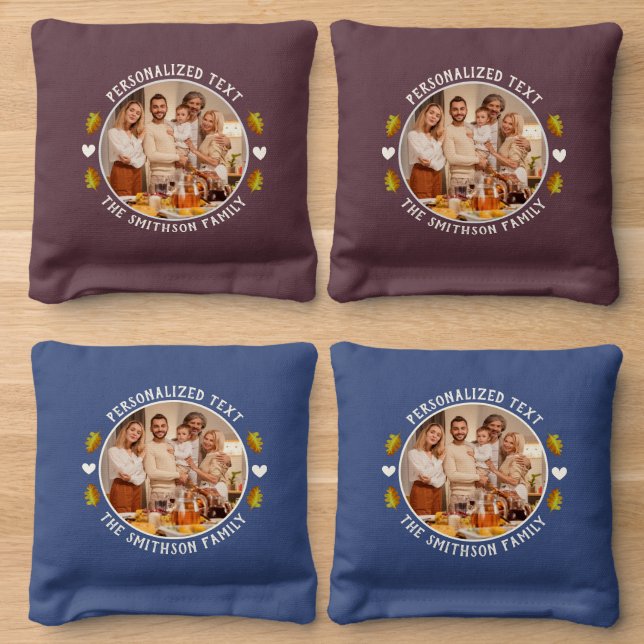  Oak & Hearts Rustic Elegant Family Name And Photo Cornhole Bags (Wood)