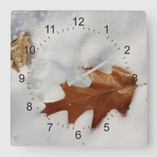 oak leaf on the snow square wall clock