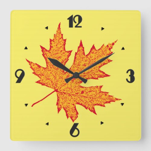 Oak leaf _ orange and mustard gold square wall clock