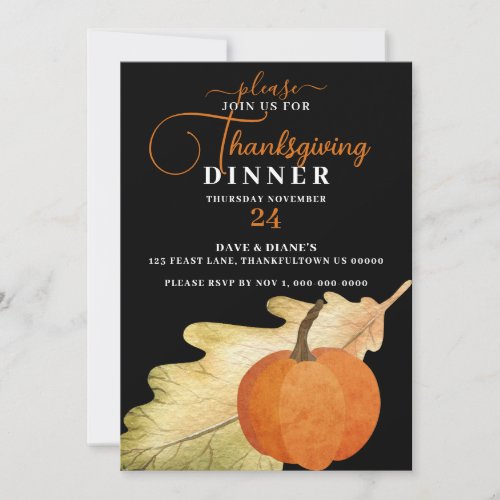 Oak Leaf  Pumpkin on Black Thanksgiving Dinner  Invitation