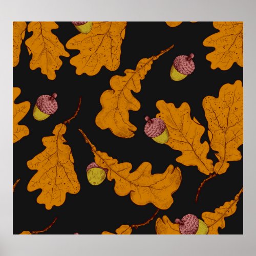 Oak leaves acorns autumn pattern poster