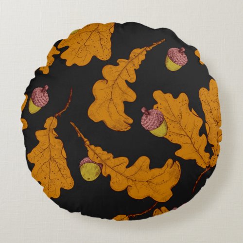 Oak leaves acorns autumn pattern round pillow