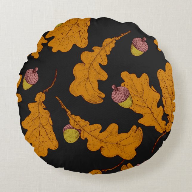 Oak leaves, acorns, autumn pattern round pillow (Front)