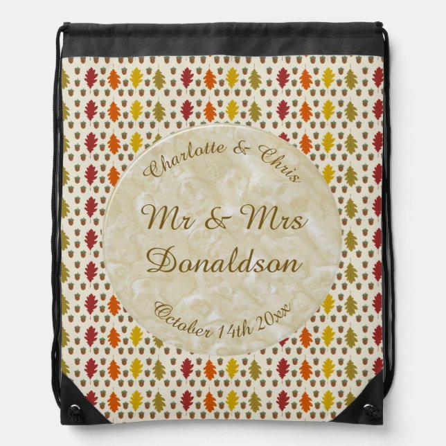 Oak leaves and Acorns Fall Autumn Wedding Custom Drawstring Bag (Front)