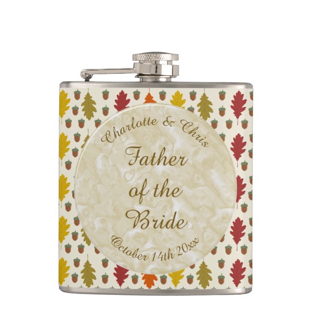 Oak leaves and Acorns Fall Autumn Wedding Custom Flask (Front)