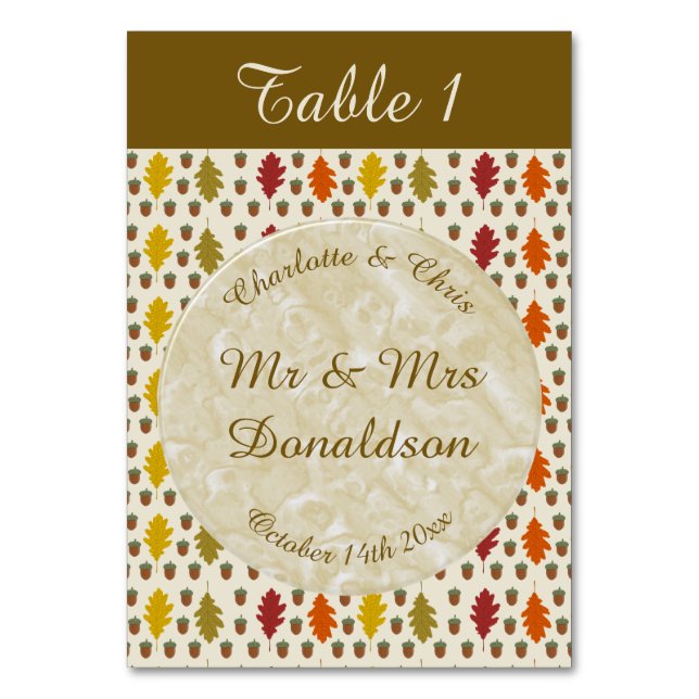 Oak leaves and Acorns Fall Autumn Wedding Custom Table Number (Front)