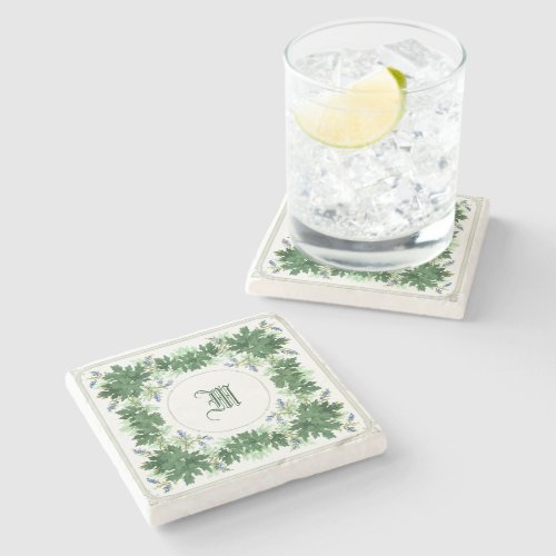 Oak Leaves  Berries Wreath Border Monogram Stone Coaster