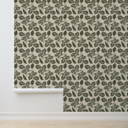 Oak Leaves Green  and Ivory Modern Wallpaper