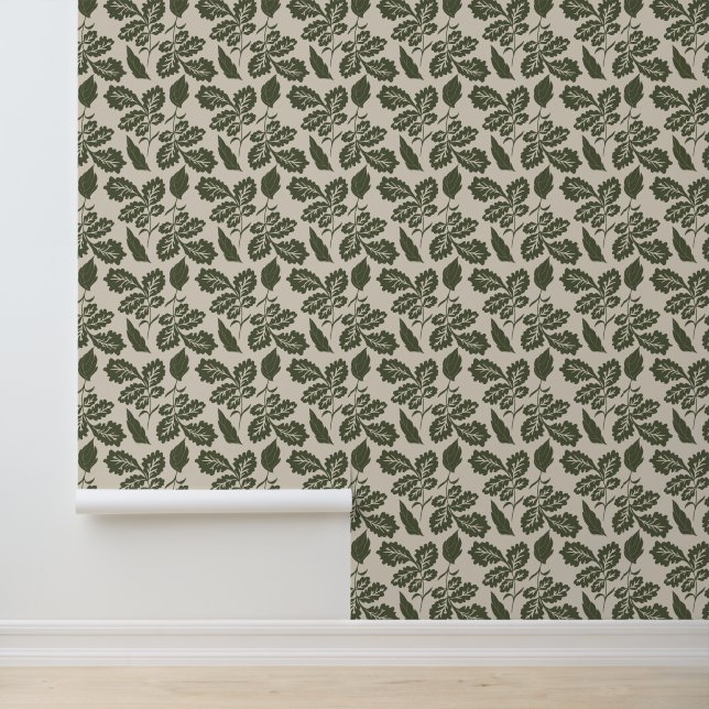 Oak Leaves Green  and Ivory Modern Wallpaper (Application)