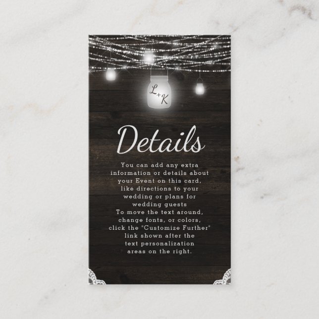 Oak Ridge Rustic Dark Wood & Lace Wedding Details Enclosure Card (Front)