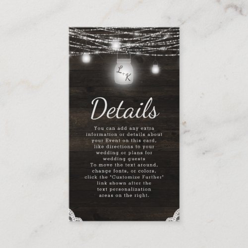 Oak Ridge Rustic Dark Wood  Lace Wedding Details Enclosure Card