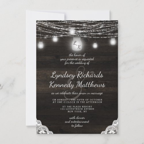 Oak Ridge Rustic Dark Wood  Lace Wedding Invitation