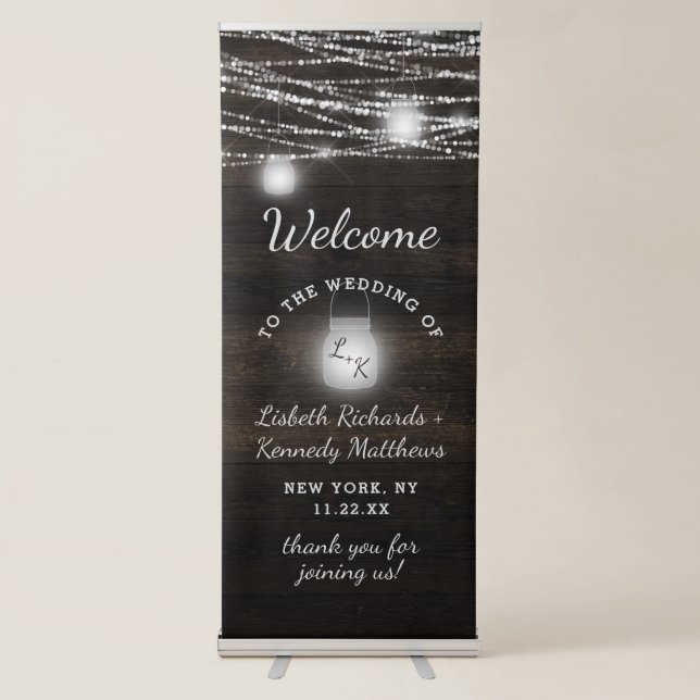 Oak Ridge Rustic Dark Wood Lights Wedding Welcome Retractable Banner (Front)