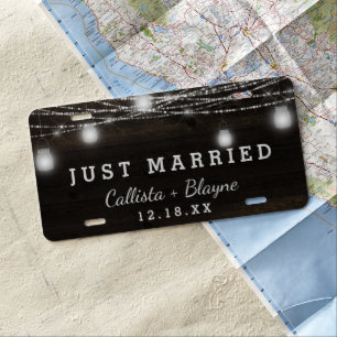 Oak Ridge Rustic Dark Wood Wedding Just Married License Plate