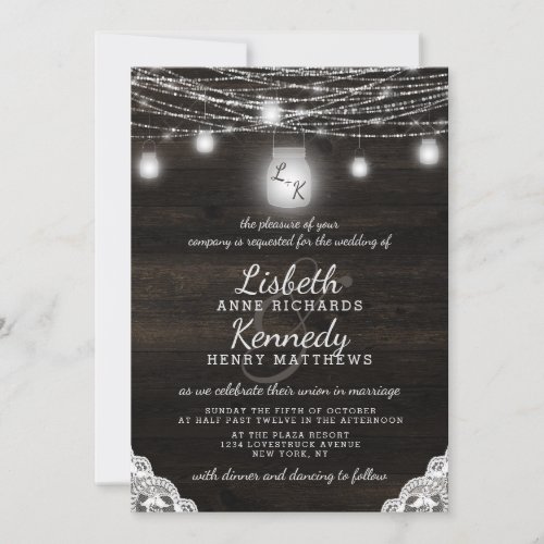Oak Ridge Rustic Mason Jars  String Light Wedding Invitation