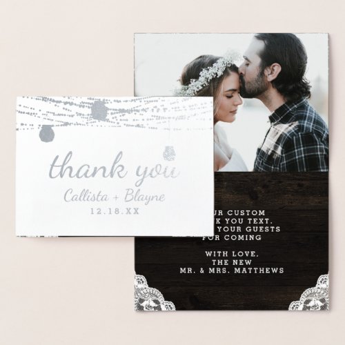 Oak Ridge Rustic Thank You Wedding Photo Silver Foil Card