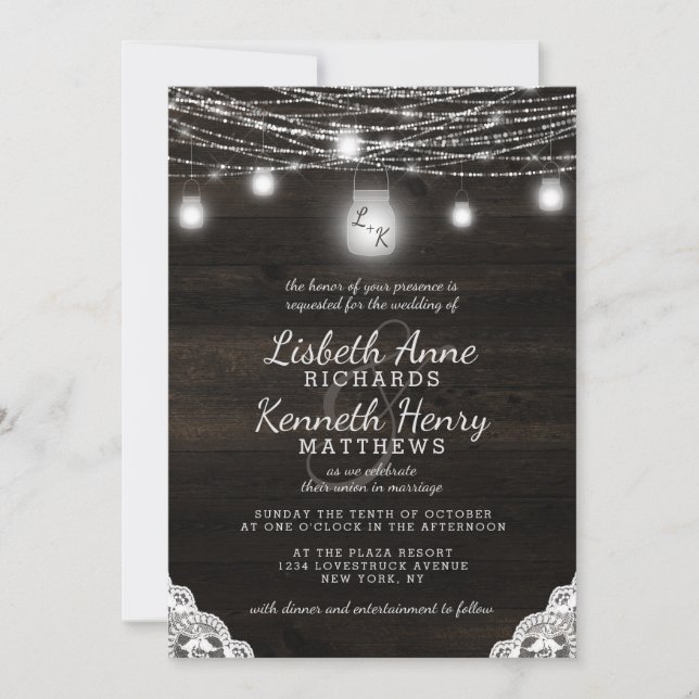 Oak Ridge Rustic Wood Lace & Mason Jars Wedding Invitation (Front)