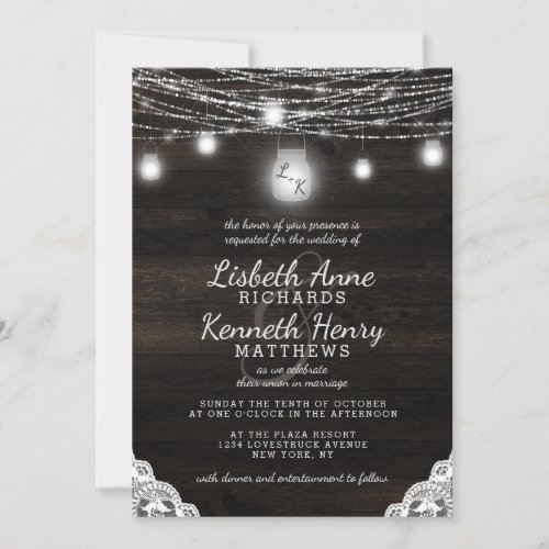 Oak Ridge Rustic Wood Lace  Mason Jars Wedding Invitation