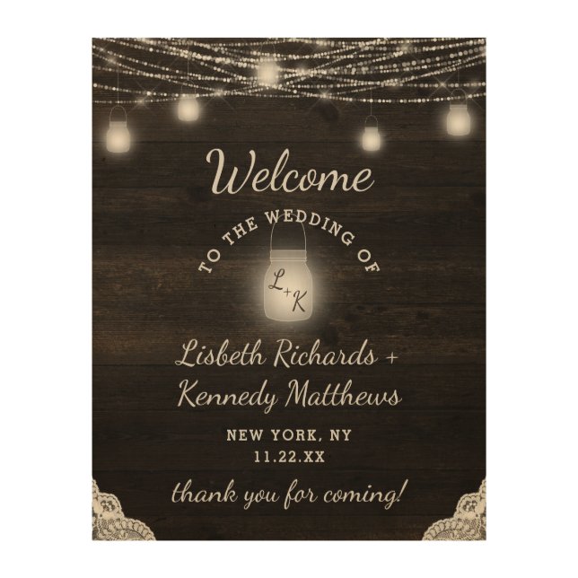 Oak Ridge Rustic Wood & Lace Wedding Welcome Sign (Front)