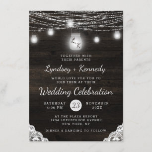 Oak Ridge Rustic Wood & Mason Jar Monogram Wedding Invitation