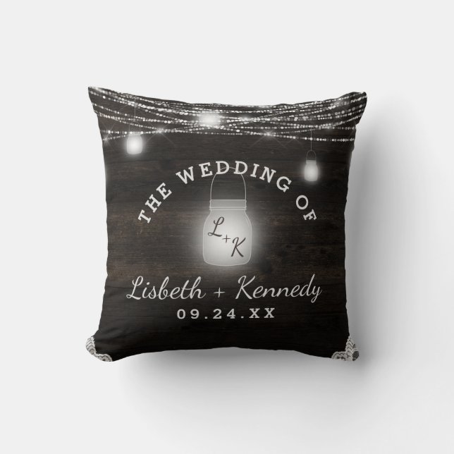 Oak Ridge Rustic Wood & Mason Jar Wedding Monogram Throw Pillow (Front)