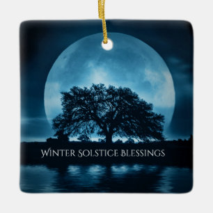 Oak Tree and Moon Winter Solstice Blessings Ceramic Ornament
