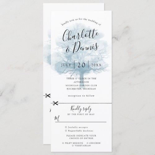 Oak tree blue wedding invitation w rsvp attached