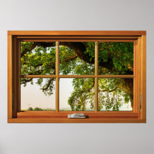 Oak Tree Branches Wooden Window Illusion Poster
