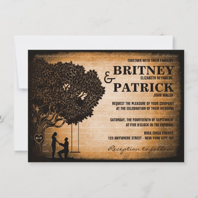 Oak Tree Carved Initials Wedding Invitations (Front)