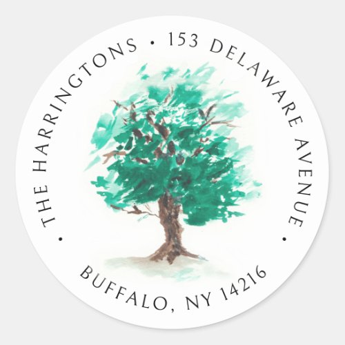 Oak Tree Hand_Drawn Watercolor Return Address Classic Round Sticker