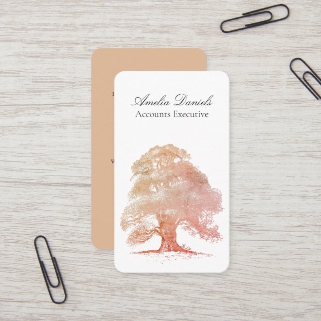 Oak Tree Illustration in Cream Beige Business Card (Front/Back In Situ)