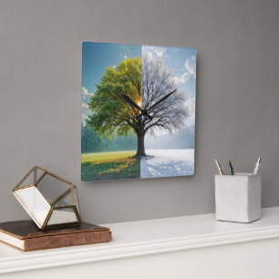 Oak Tree In Dual Seasons Square Wall Clock