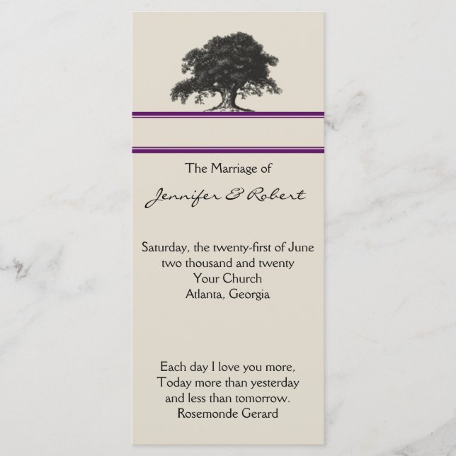 Oak Tree Plantation in Purple Wedding Program (Front)