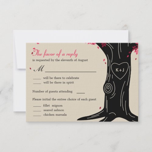 Oak Tree Wedding RSVP Card with Menu - Fuchsia