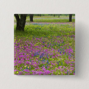 Oak Trees with field of Phlox, Blue Bonnets Pinback Button