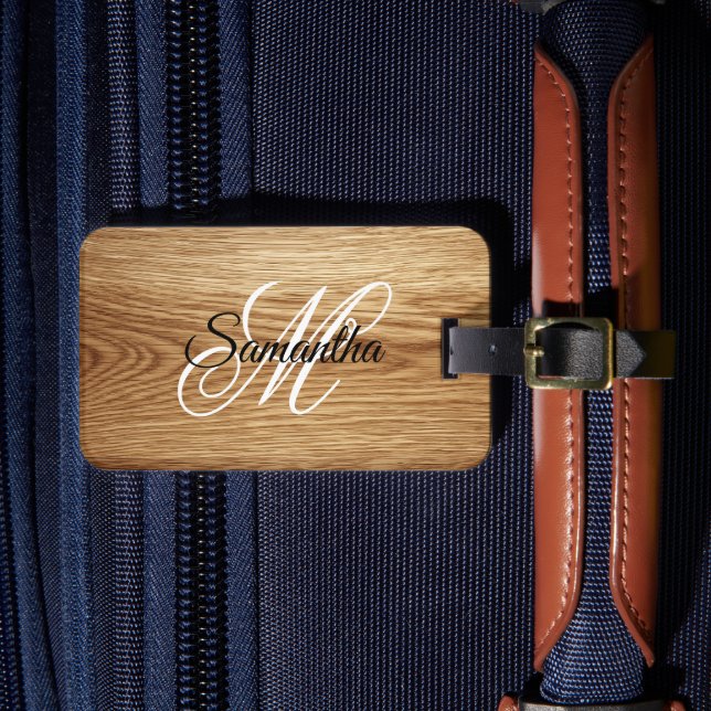 Oak Wood Image Fancy Monogram Luggage Tag (Front Insitu 4)