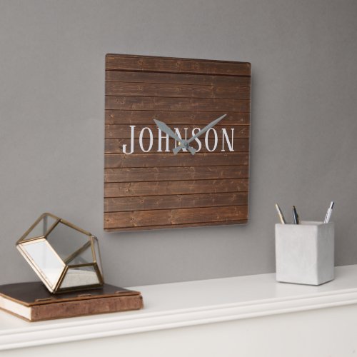 oak wood with family name square wall clock