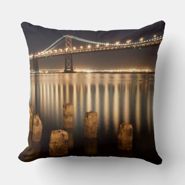 Oakland Bay Bridge night reflections. Throw Pillow (Front)