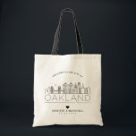 Oakland, California Wedding | Stylized Skyline Tote Bag<br><div class="desc">A unique wedding tote bag for a wedding taking place in the beautiful city of Oakland,  California.  This tote features a stylized illustration of the city's unique skyline with its name underneath.  This is followed by your wedding day information in a matching open-lined style.</div>