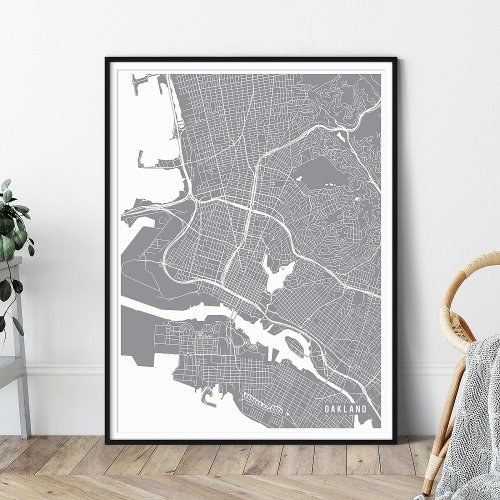 Oakland Map Simple Pewter Silver Line Map Poster