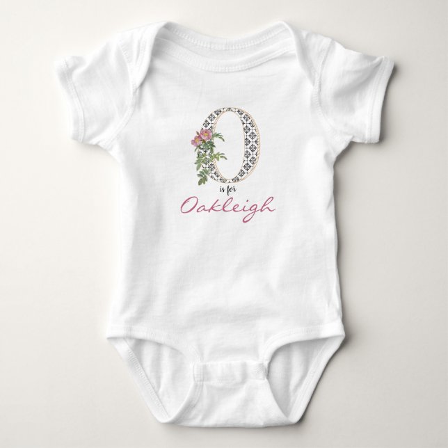 Oakleigh Name Reveal Floral Letter O Girl Flower Baby Bodysuit (Front)