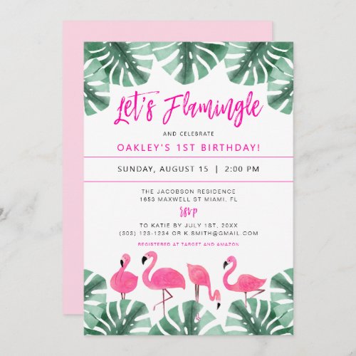 OAKLEY Lets Flamingle Hot Pink Girls 1st Birthday Invitation