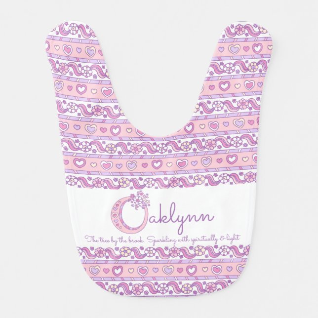 Oaklynn name meaning heart flower pattern baby bib (Front)