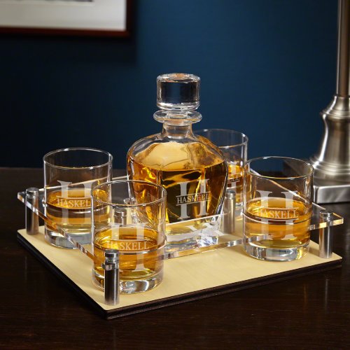 Oakmont Monogram Whiskey Glass Set  Decanter