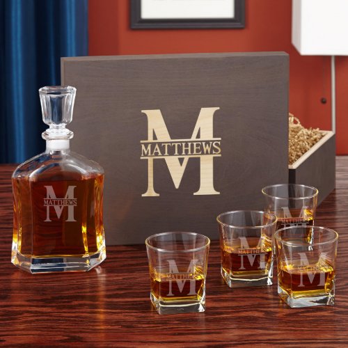 Oakmont Monogram Whiskey Glass Set  Decanter