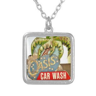Oasis Car Wash Sign Silver Plated Necklace