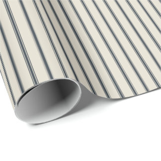 Oatmeal Navy Rustic Thin Ticking Stripes Wrapping Paper